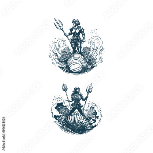 Vintage hand drawn illustration of a female diver holding a trident standing on a giant seashell amidst ocean waves.