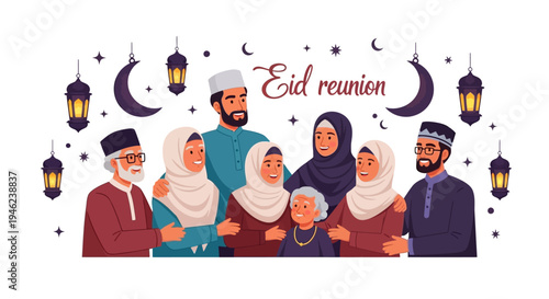 Vector illustration of a diverse Muslim family gathering with traditional attire and lanterns celebrating Eid Mubarak on a white background with a festive design.