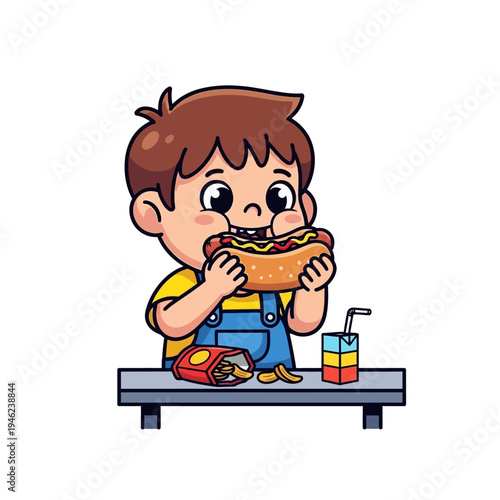 Happy boy eating hot dog and french fries with juice box at table