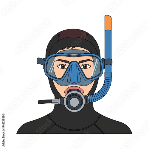 Scuba Diver Face Mask Snorkel Gear Person Wearing Wetsuit Hood Portrait