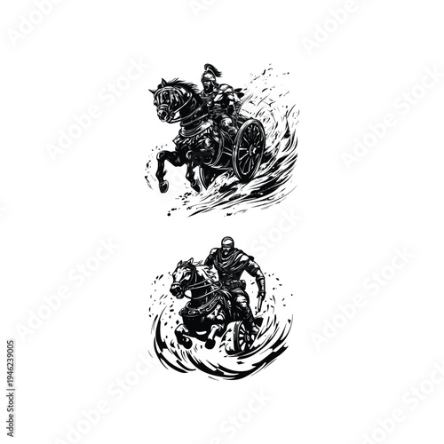 Set of two vintage black ink sketches of dynamic Roman and Greek charioteers in action with charging horses, isolated on a white background.