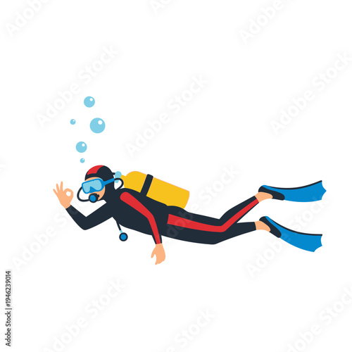 Scuba diver giving ok sign underwater with bubbles, recreational activity