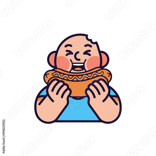 Happy Child Eating a Big Hot Dog with Relish and Mustard