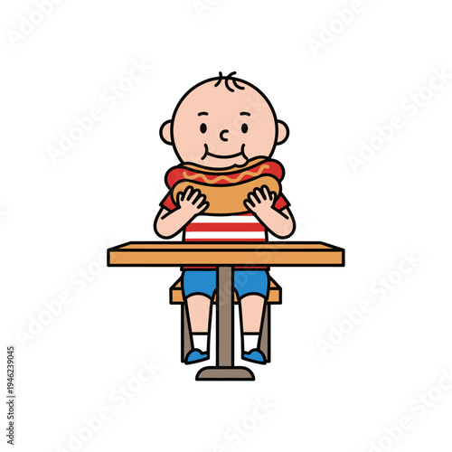 Happy child eating a hot dog at a picnic table, enjoying a meal outdoors.