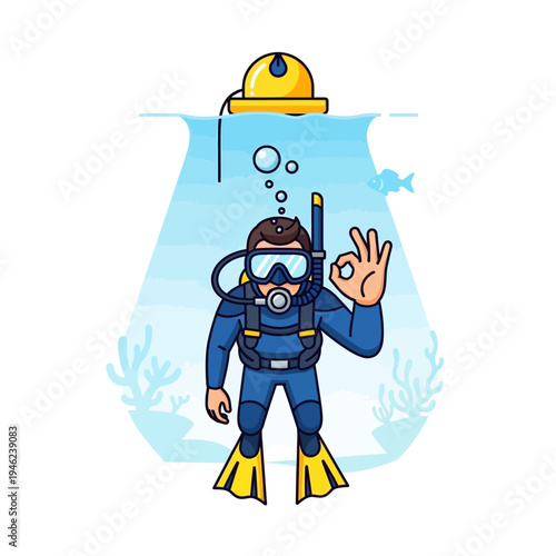 Scuba Diver Giving OK Gesture Underwater with Buoy and Fish