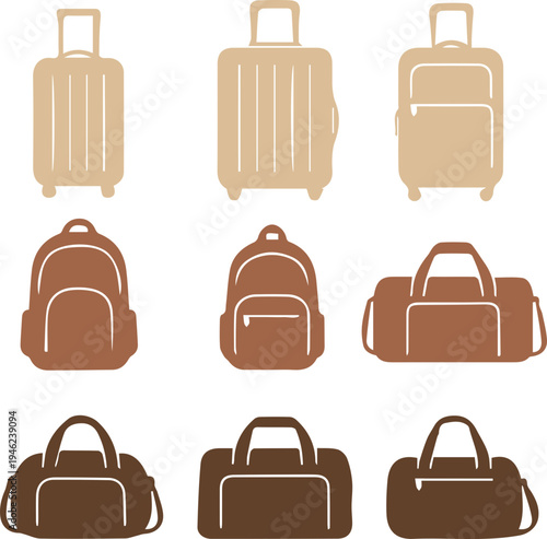 Travel Luggage and Backpack Silhouette Icon Set