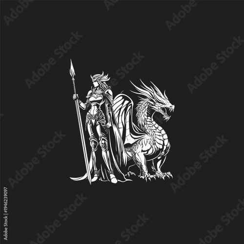 illustration of a fierce female warrior in armor holding a spear standing next to a majestic dragon on a black background.