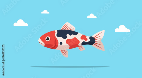 Flat Vector Illustration of a Colorful Koi Fish Swimming in Blue Sky