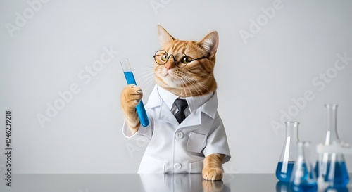 Professor Cat's Experiment: An intelligent tabby cat, dressed in a lab coat and glasses, conducts a scientific experiment with beakers and a test tube, blending feline charm with academic curiosity.