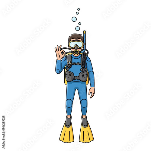 Scuba diver giving ok sign underwater, bubbles rising, blue suit, yellow fins, diver equipment
