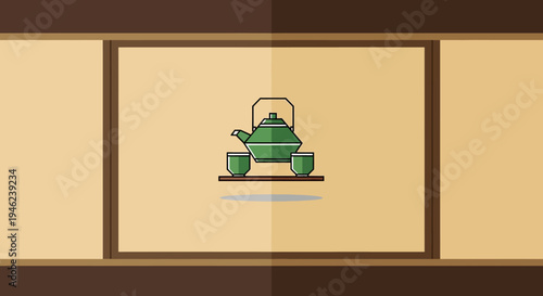 Minimalist Japanese Tea Set Illustration with Teapot and Cups