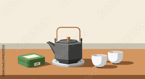 Minimalist Japanese Tea Set Illustration with Kettle and Cups