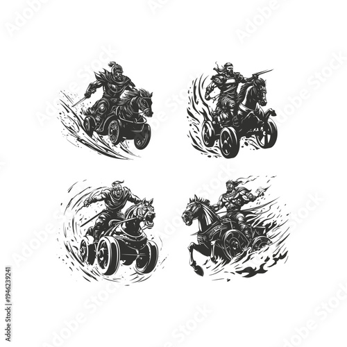 A collection of four dynamic black and white illustrations featuring ancient warriors and knights charging on horse-drawn chariots, depicted in a gritty, high-action ink sketch style.