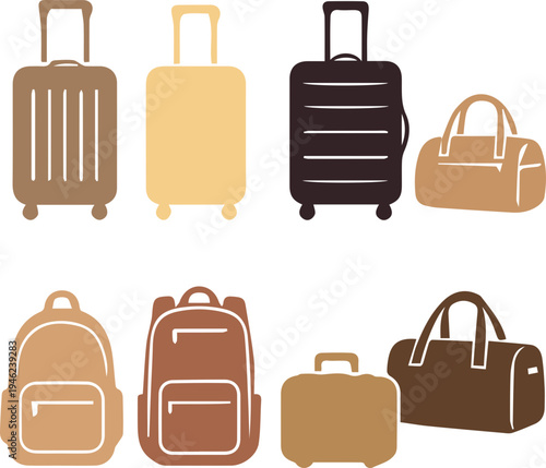 Travel Luggage and Backpack Silhouette Icon Set