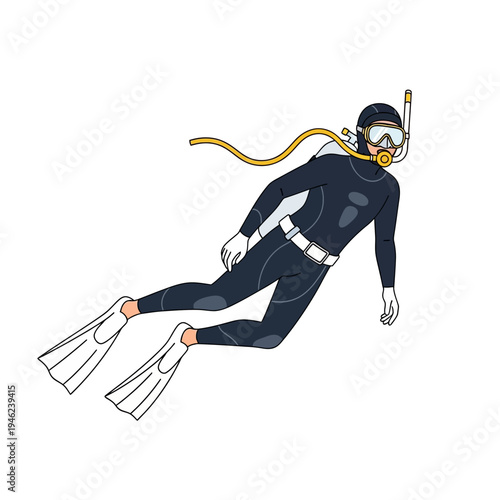 Scuba Diver in Black Wetsuit Swimming Underwater with Snorkel and Fins