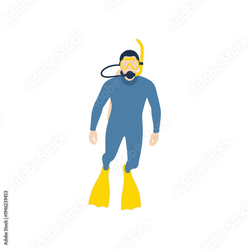 Scuba diver in blue wetsuit and yellow fins underwater, snorkeling equipment, active lifestyle