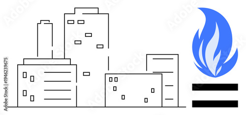 City buildings with minimal design beside a vivid blue flame and equality bars. Ideal for sustainability, urban energy, renewable resources, clean energy, environmental awareness, modern living