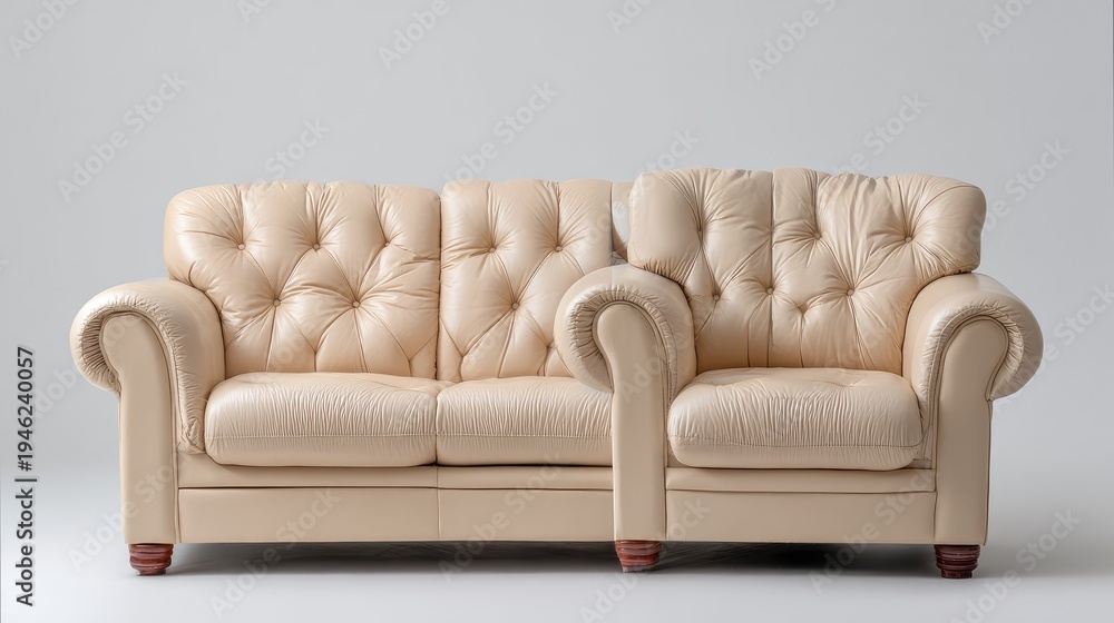Fototapeta premium Elegant and Comfortable Leather Sofa with Tufted Design Perfect for Modern Living Spaces and Elegant Interiors Featuring Classic Style and Neutral Colors