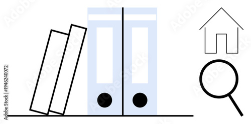 Books and file folders organized on a shelf next to a magnifying glass and house outline. Ideal for research, real estate, home organization, filing systems, minimalism, information, and analysis