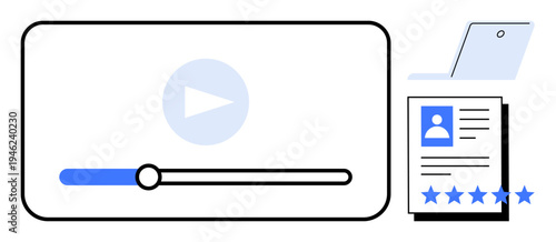 Video playback bar, document with profile and ratings, and laptop emphasizing multimedia content, online assessments, and career applications. Ideal for education, recruitment, reviews, streaming