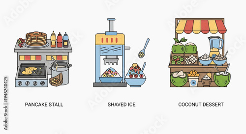 Various outdoor food stalls and shops selling different cuisines and treats