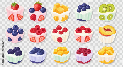 Colorful vector illustration of fruit-topped mini cheesecakes and creamy desserts, featuring fresh berries, mango, kiwi, and peach slices for sweet treat designs