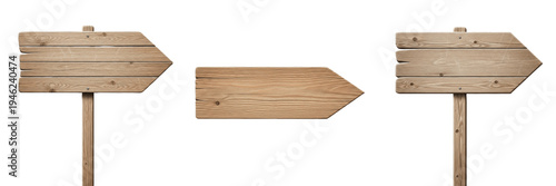 Blank Wooden Arrow Sign Set, Rustic Wood Directional Planks Collection for Wayfinding, Realistic 3D Render Decorative Timber Signboards Isolated on White Background for Information