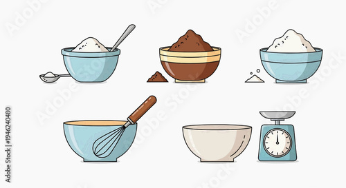 Various baking ingredients and tools including bowls of flour, cocoa powder, a whisk, and a kitchen scale for cooking and recipe preparation