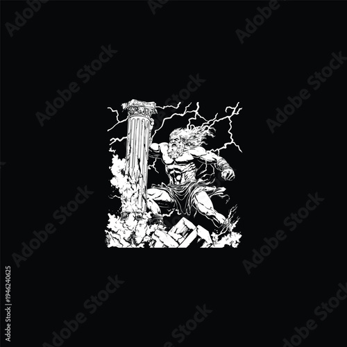 Powerful Greek god or titan character pulling a massive stone pillar amidst lightning and clouds