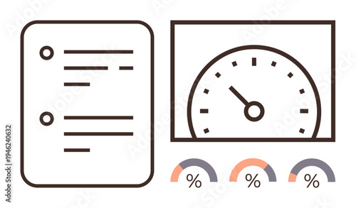 Business analytics, data tracking, performance measurement, productivity evaluation, statistics, speed mapping. A speedometer with metrics and data points. Business analytics and data tracking
