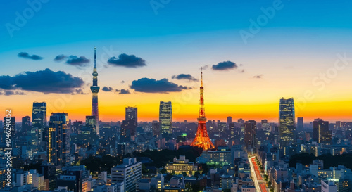 Tokyo City Skyline at Sunset with Tokyo Tower and Skytree