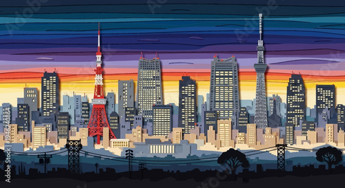 Tokyo City Skyline Illustration with Iconic Towers at Sunset