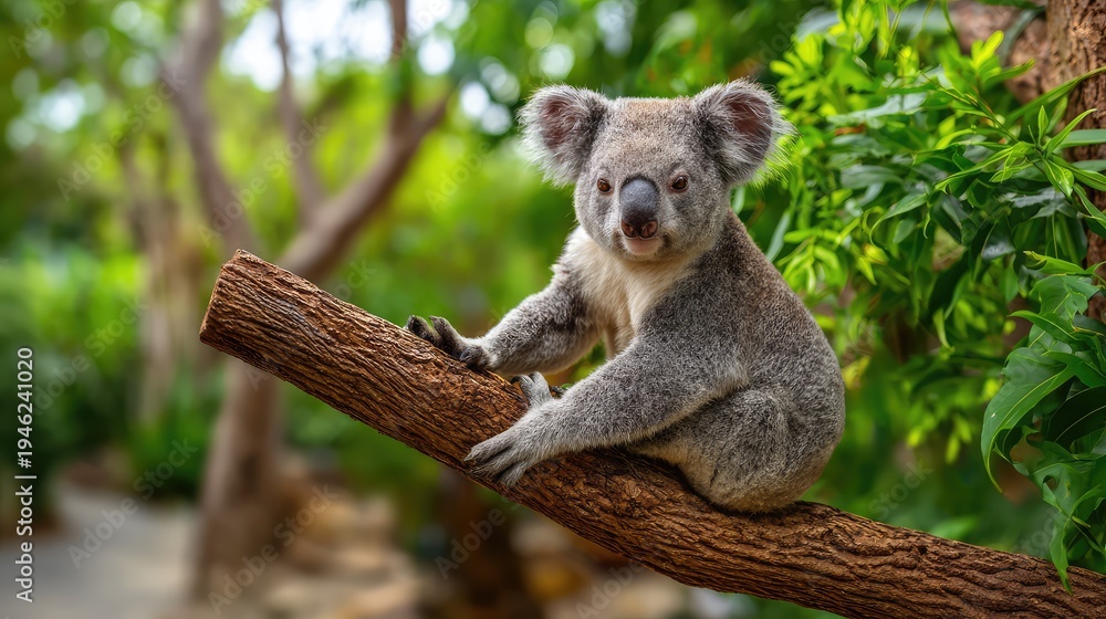 Fototapeta premium Adorable koala sitting on a tree branch surrounded by lush green foliage in a natural habitat, capturing the beauty and charm of Australian wildlife in a peaceful setting.