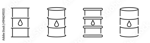 Oil barrel icon set. Oil drum container, Oil fuel storage symbol. Petroleum, gasoline, petrol, energy, crude. Editable line width