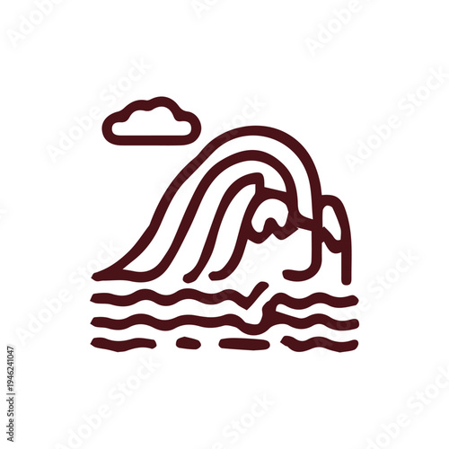 Simple Line Art Icon Of A Massive Ocean Tsunami Under A Cloud