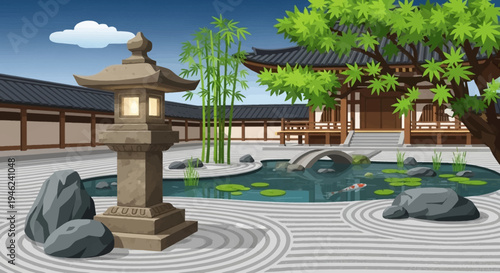 Zen Garden with Stone Lantern and Koi Pond
