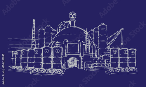 Nuclear Waste Storage Facility Line Art Vector, Atomic Energy Waste Management, Radioactive Barrel Storage, Nuclear Power Plant Waste Disposal, Hazardous Nuclear Waste Containers