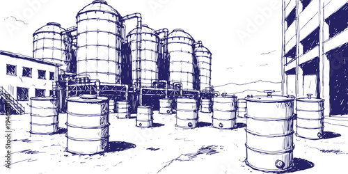 Nuclear Waste Storage Facility Line Art Vector, Atomic Energy Waste Management, Radioactive Barrel Storage, Nuclear Power Plant Waste Disposal, Hazardous Nuclear Waste Containers