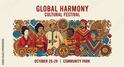 Global Harmony Cultural Festival Illustration with Diverse People in Traditional Attire