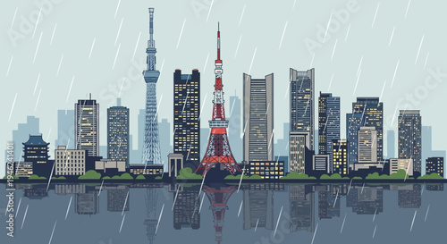 Tokyo City Skyline Illustration with Rain and Water Reflection