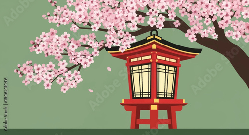 Traditional Japanese Lantern Under Blooming Cherry Blossom Tree