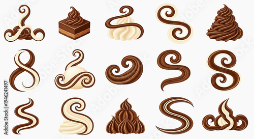 A delightful collection of various chocolate swirl and spiral decorative elements, perfect for confectionery and dessert designs