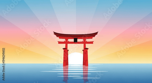Japanese Torii Gate in Ocean at Sunrise Vector Illustration