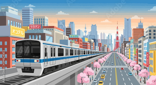 Modern Japanese Train Commuting Through Cityscape with Cherry Blossoms