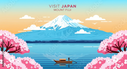 Mt Fuji Japan Landscape with Cherry Blossoms and Traditional Boat