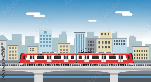 Modern Red and White Subway Train Moving Through City Skyline