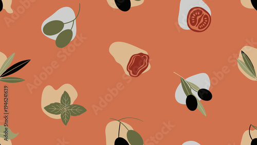 Abstract Mediterranean Food Pattern: Olives, Tomato, Basil, Meat on Orange Background