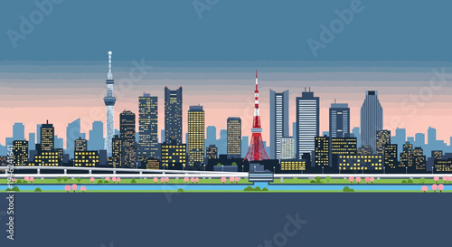 Pixel Art Tokyo City Skyline with Skytree and Tower