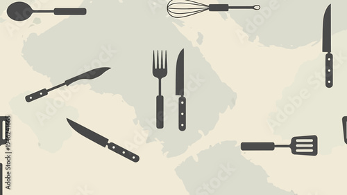 Kitchen Utensils Seamless Pattern: Knives, Forks, Spoons, Whisk, Spatula