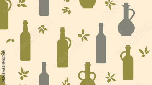 Olive oil bottles and leaves pattern, seamless background, healthy food concept